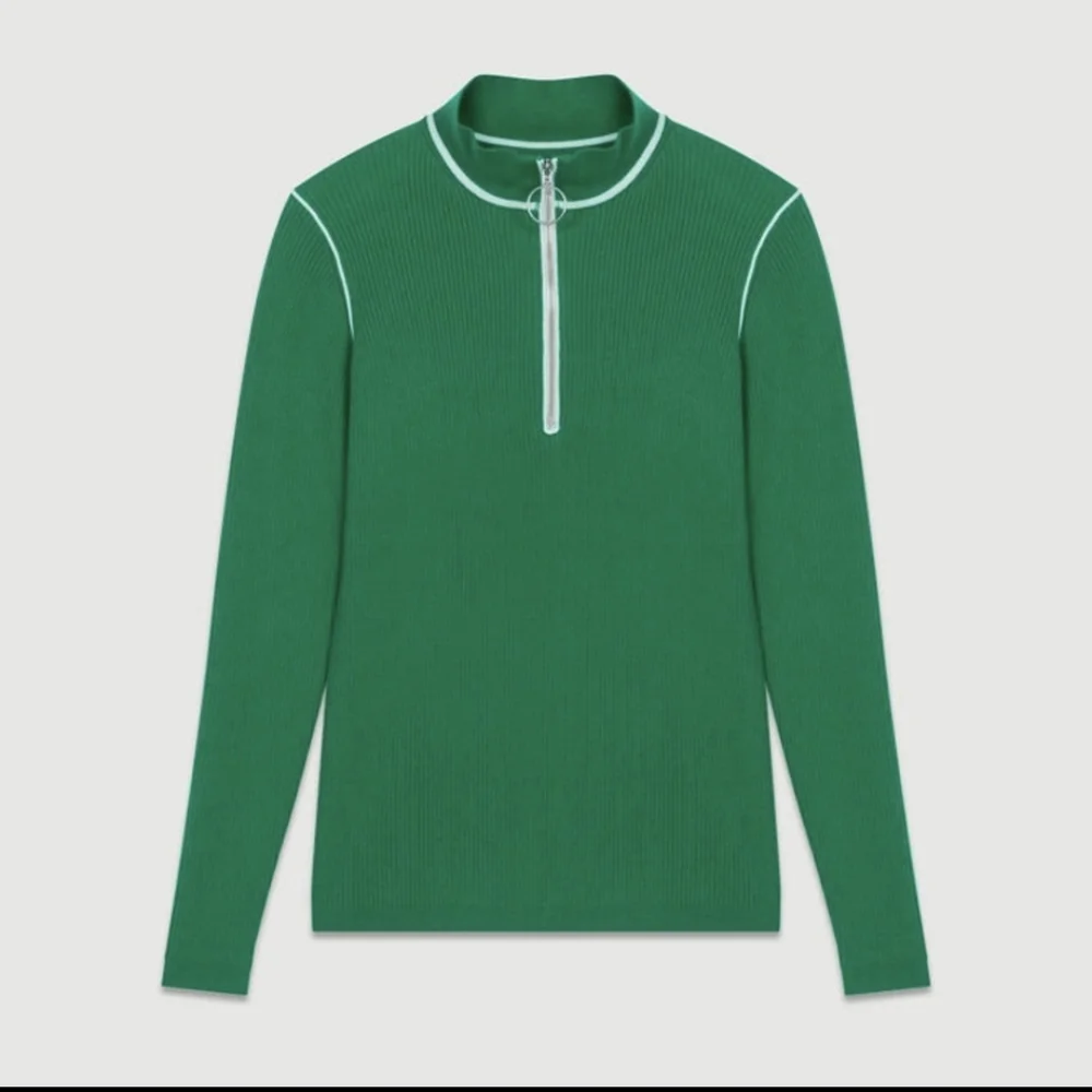 Maje | Emerald Green Ribbed Knit Sweater with Trucker Collar - XS